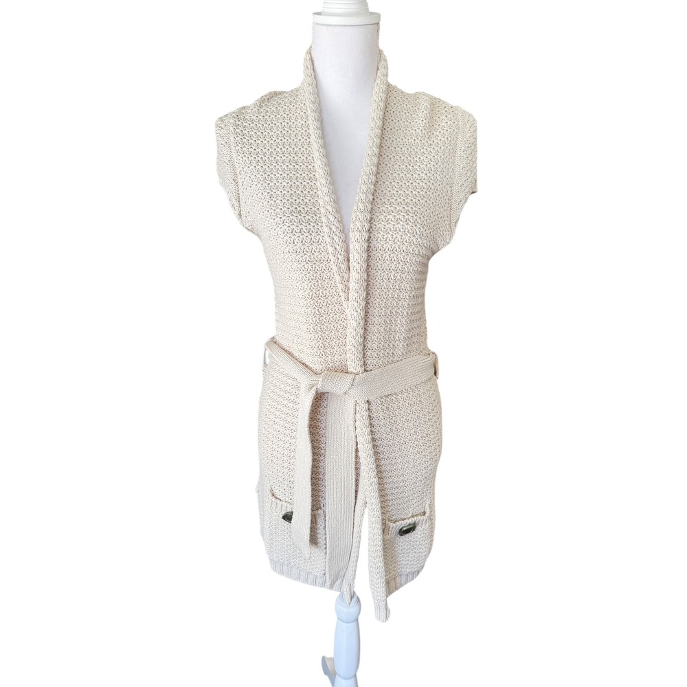 American Rag Cie Beige‎ Open Front Knit Cardigan Vest Belted Pockets Size L